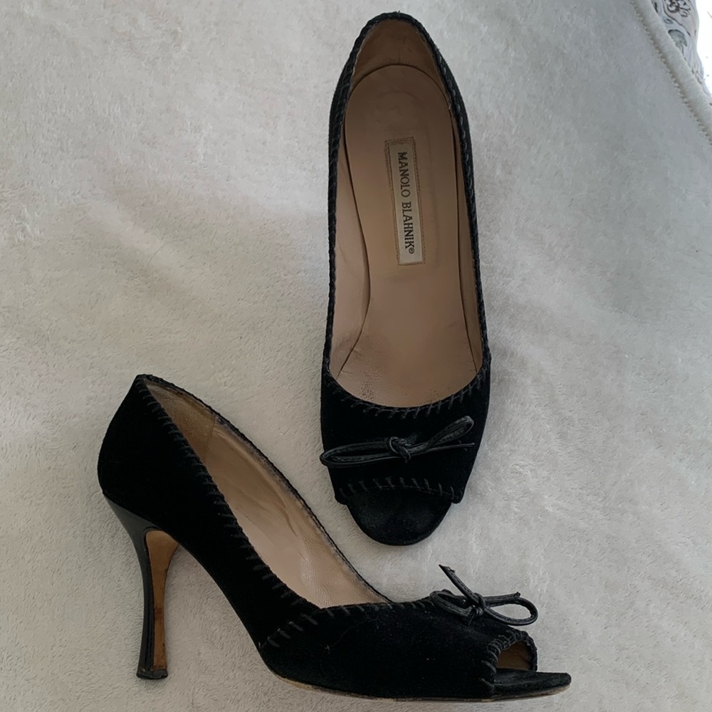 Manolo Blahnik black suede open toe pumps